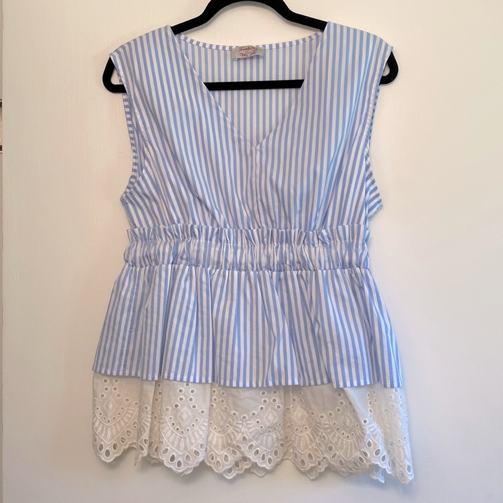 NWOT Italian-Made KAOS Eyelet Lace Blue Striped Tank Top